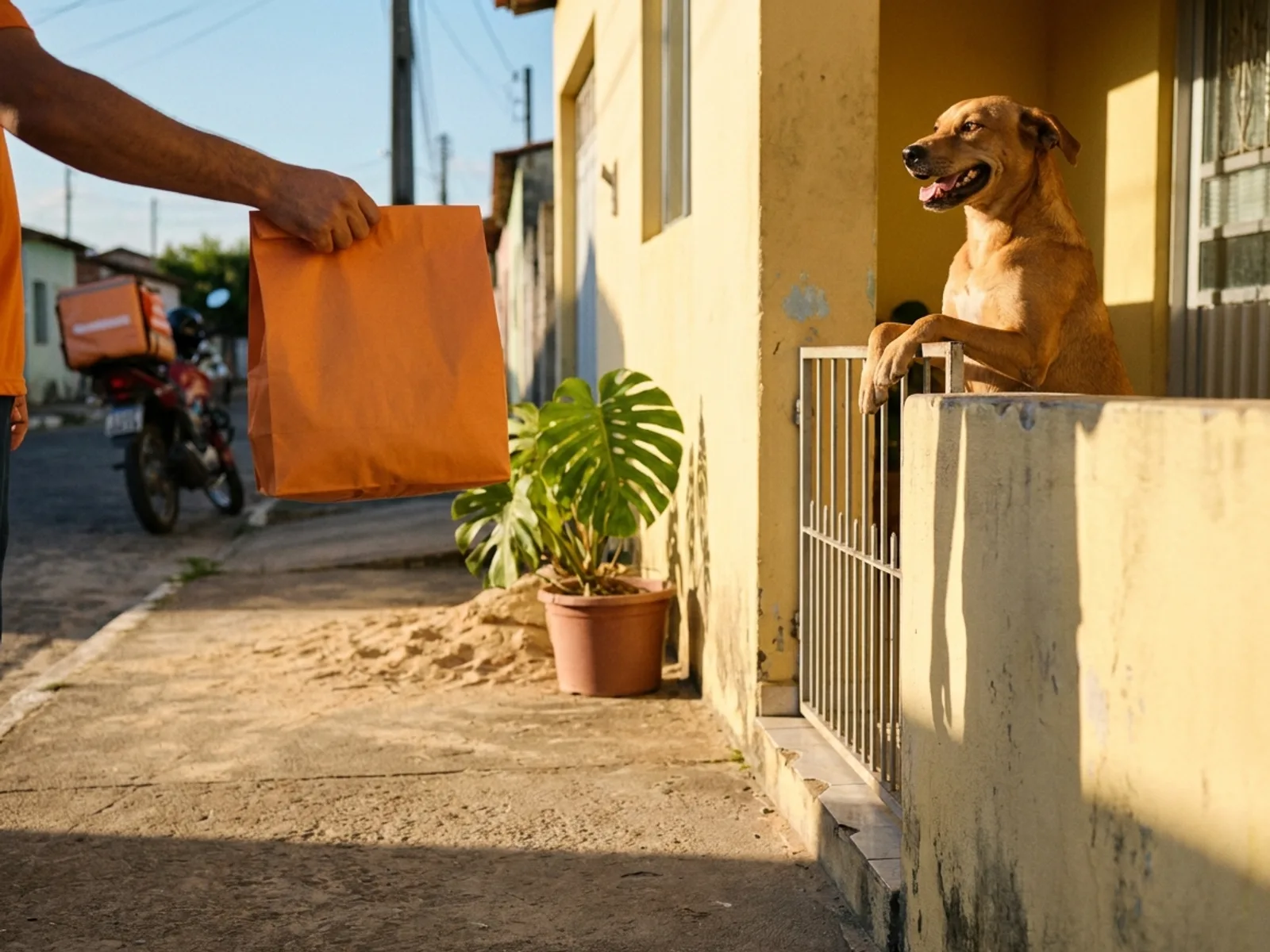 Cachorro caramelo feliz atrás do portão de casa recebendo o saco de ração do entregador