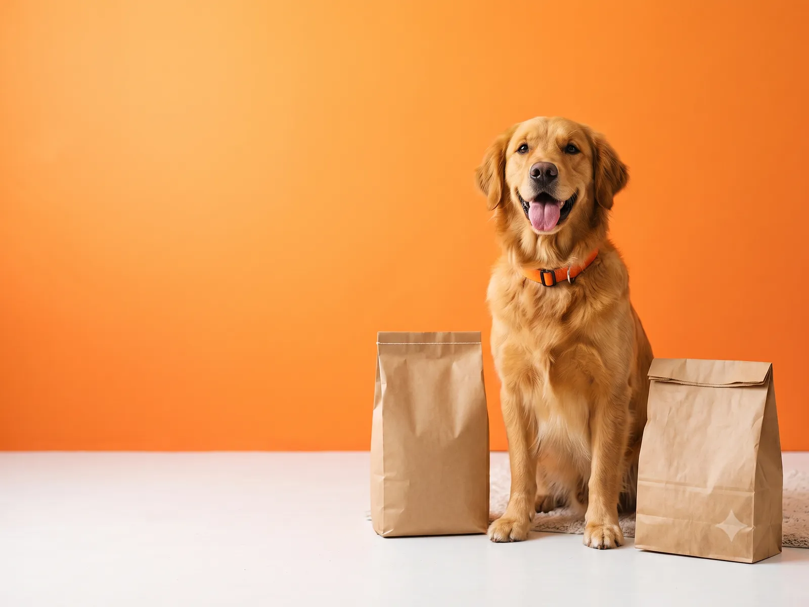 Cachorro golden retriever feliz ao lado de embalagens de entrega da pet shop