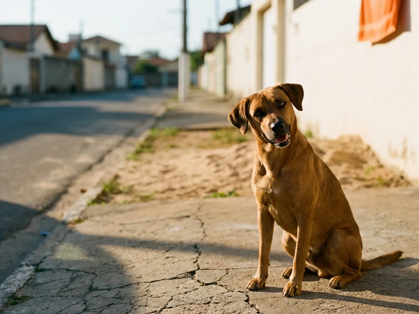 Cachorro caramelo sentado na calçada de um bairro de Peruíbe, no fim da tarde