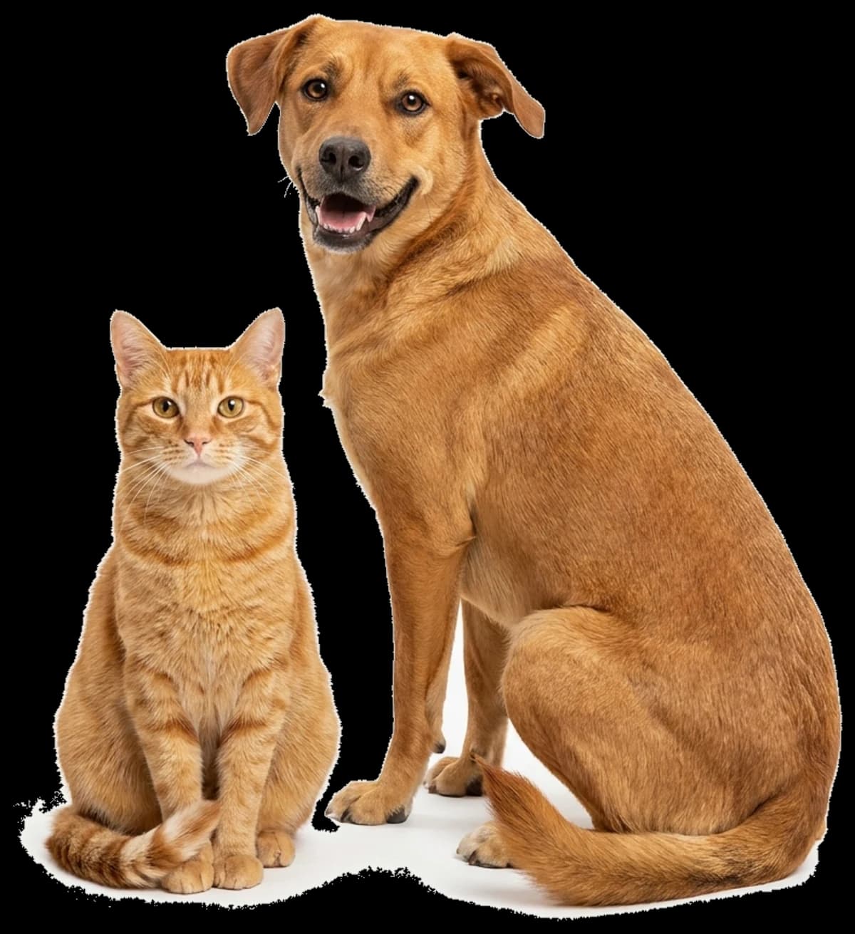 Cachorro caramelo sentado de lado e gato laranja sentado ao lado dele