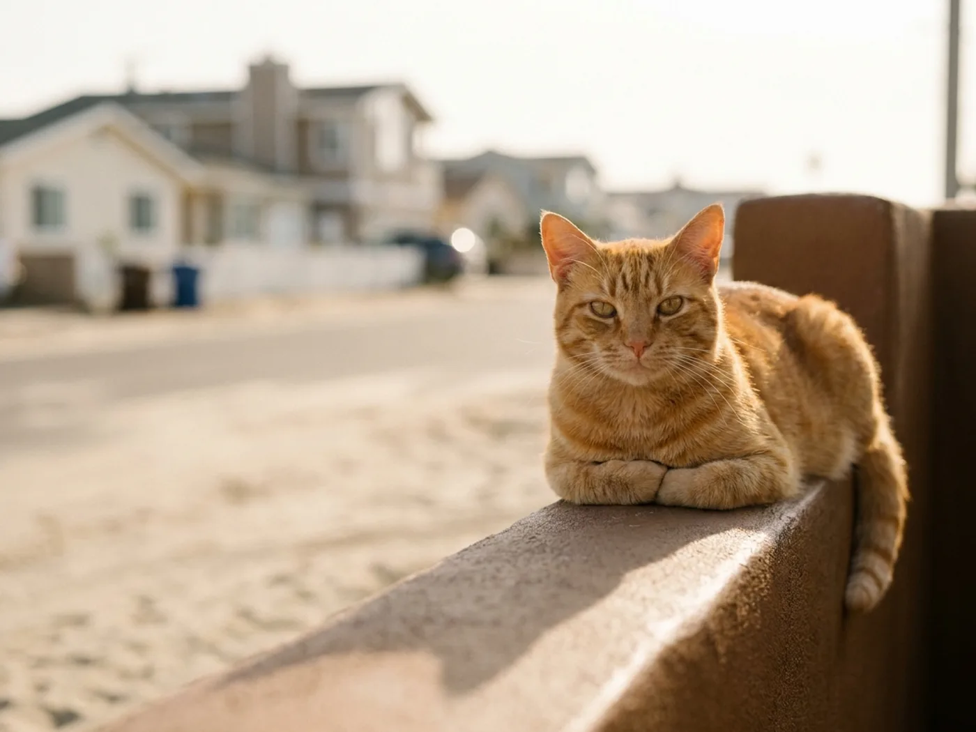 Gato laranja rajado deitado sobre o muro baixo de uma casa de bairro