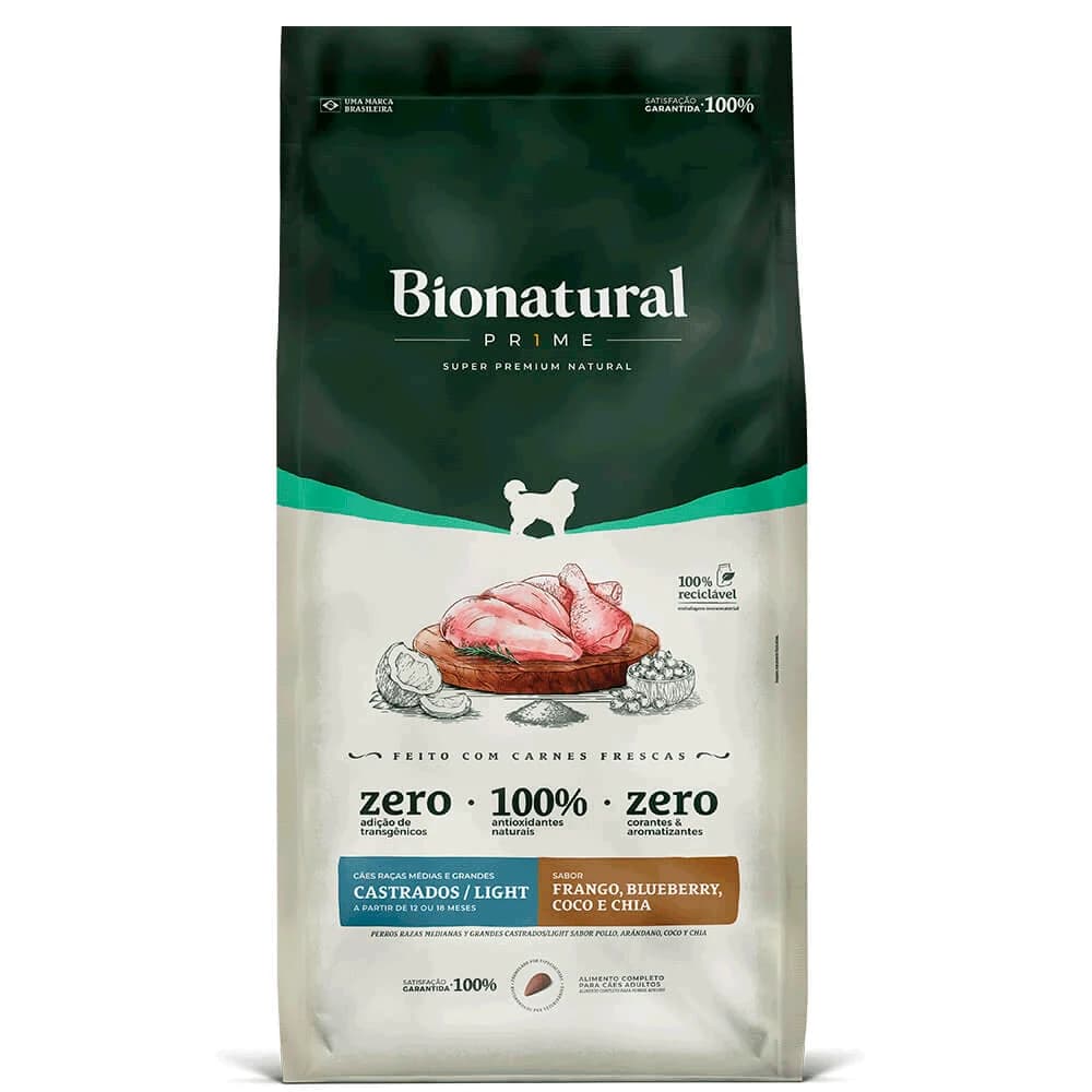 Ração Bionatural Prime Cães Raças Médias e Grandes Castrados e Light Frango 15kg
