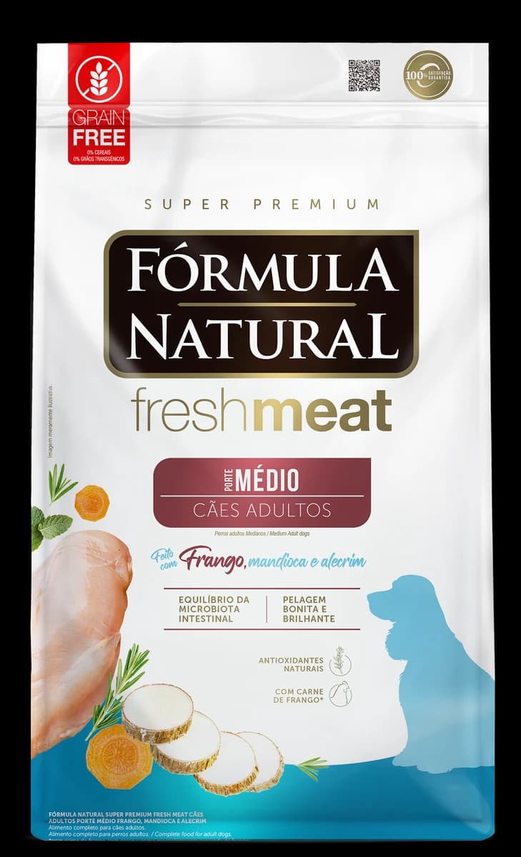 Ração Fórmula Natural Fresh Meat Cães Adultos Porte Médio Frango, Mandioca e Alecrim 12kg