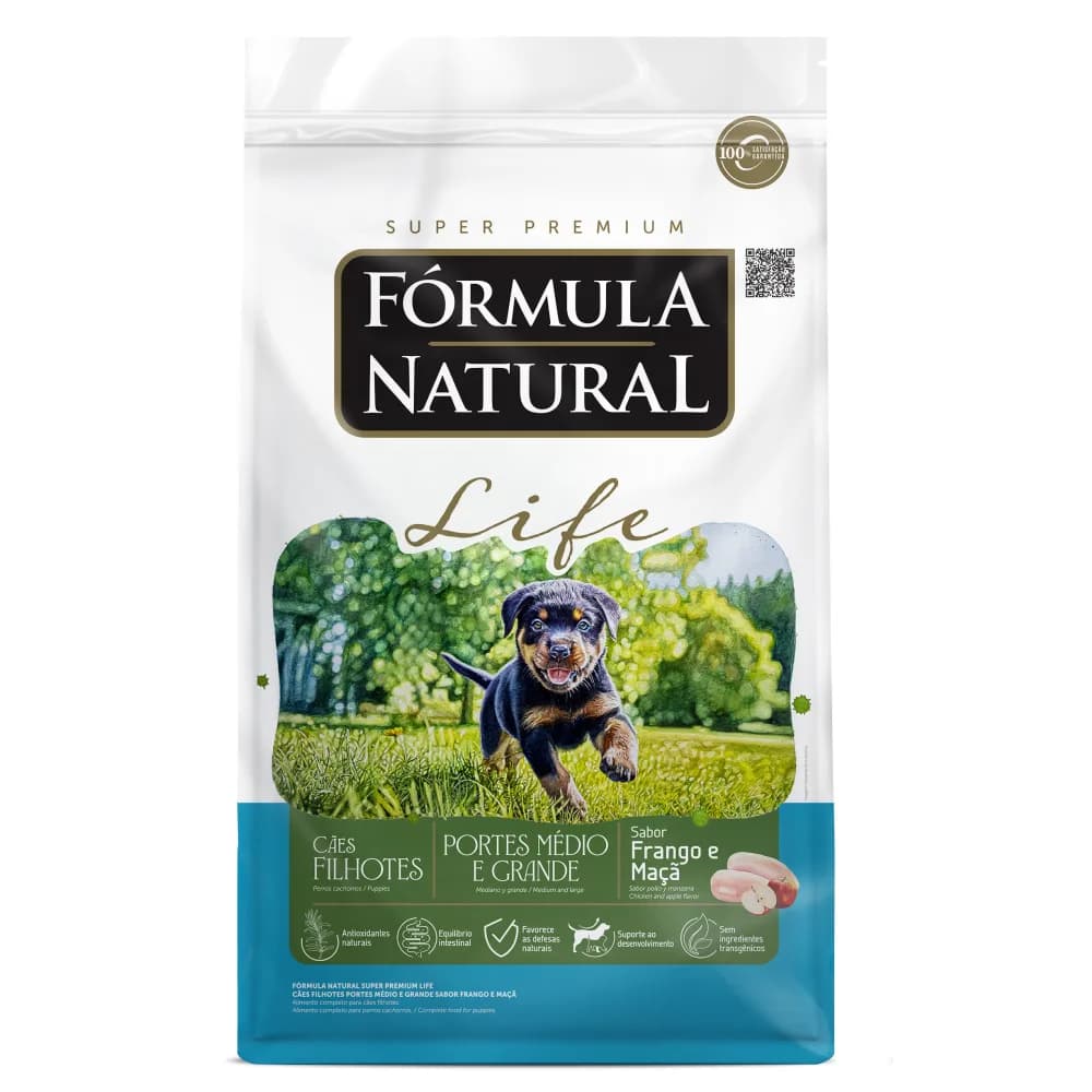 Ração Fórmula Natural Life Cães Filhotes Portes Médio e Grande Frango e Maçã 15kg