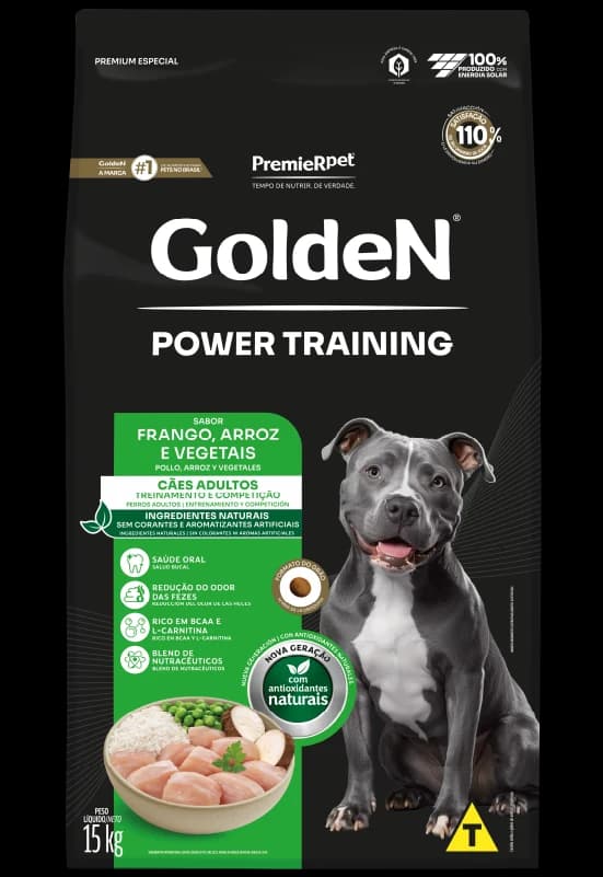Ração Golden Power Training Cães Adultos Frango, Arroz e Vegetais 15kg, embalagem com selos promocionais