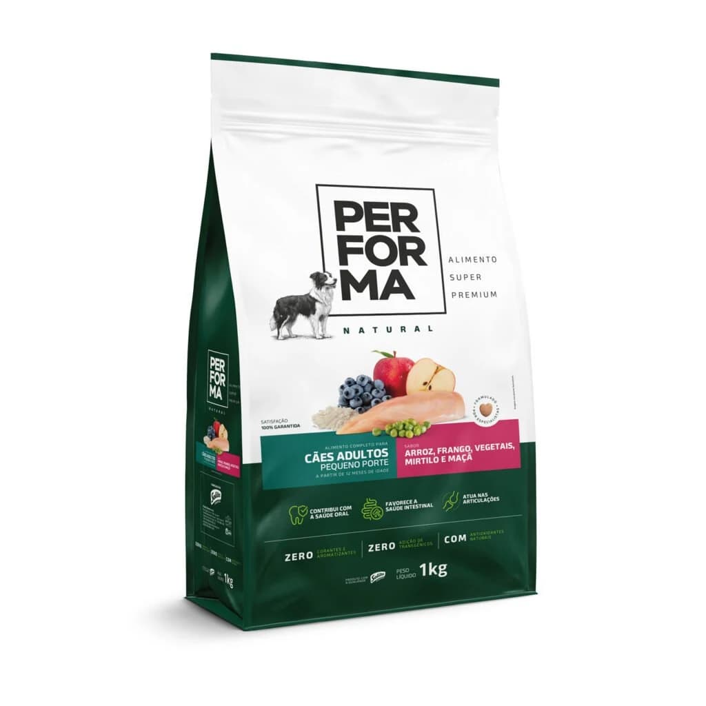 Ração Performa Natural Cães Adultos Pequeno Porte Arroz, Frango, Vegetais, Mirtilo e Maçã 1kg
