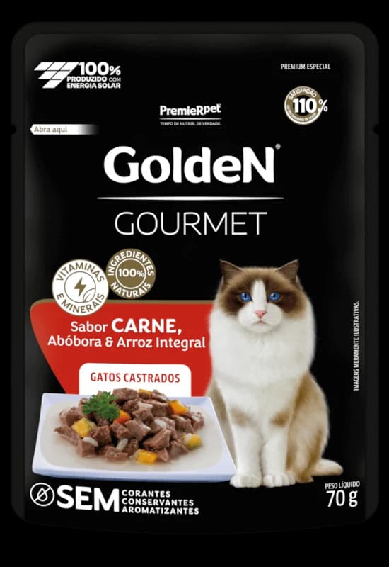 Sachê Golden Gourmet Gatos Castrados Carne, Abóbora e Arroz Integral 70g